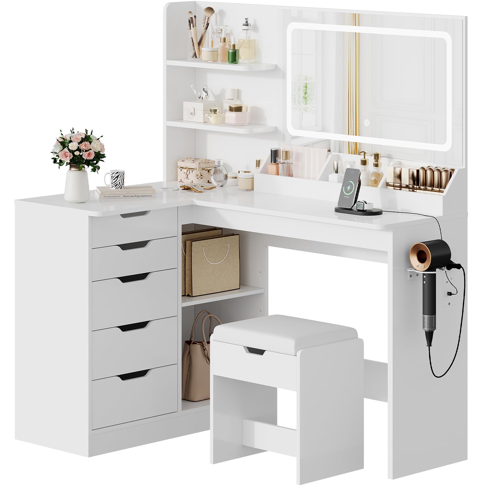 TRIUMPHKEY Dressing Table with Stool,Vanity Desk with 5 Drawers,Power Outlet,Corner Makeup Table with 3 Colors LED Mirror,Open Shelves,Bedroom Furniture for Women Girls