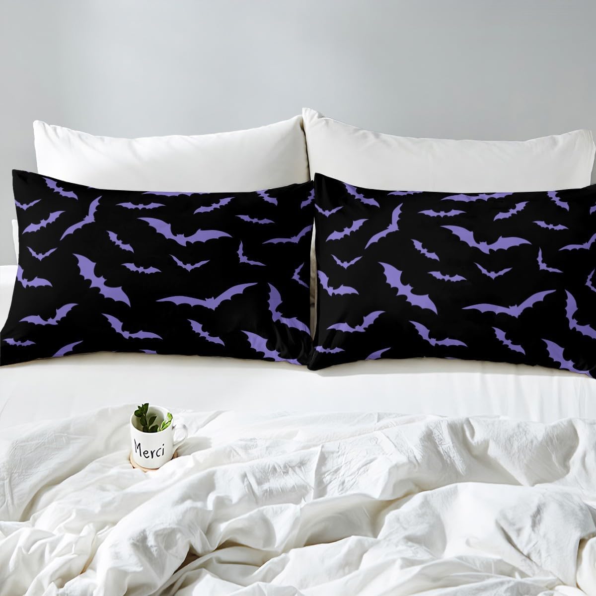Erosebridal Happy Halloween Duvet Cover with 1 Pillow Case Dark Purple Gothic Bats Comforter Cover Toddler Size for Kids Boys Black Spooky Cartoon Gothic Bedding Set