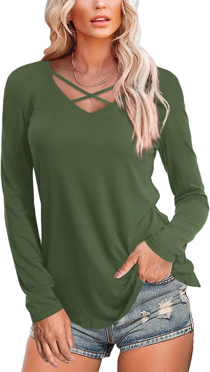 Amoretu Womens' Top Shirts with Short/Long Sleeve Criss Cross V Neck