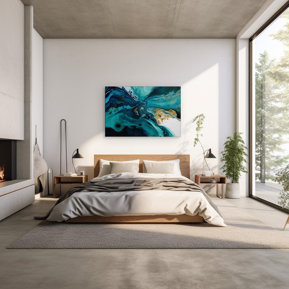 Canvas for Living room. Oceanic Elegance � Unveiling the Dynamic Blues, Greens, and Golds of Abstract Art, 27 x 18 inch Canvas Wall Art - Contemporary Masterpieces - Modern Home Decor