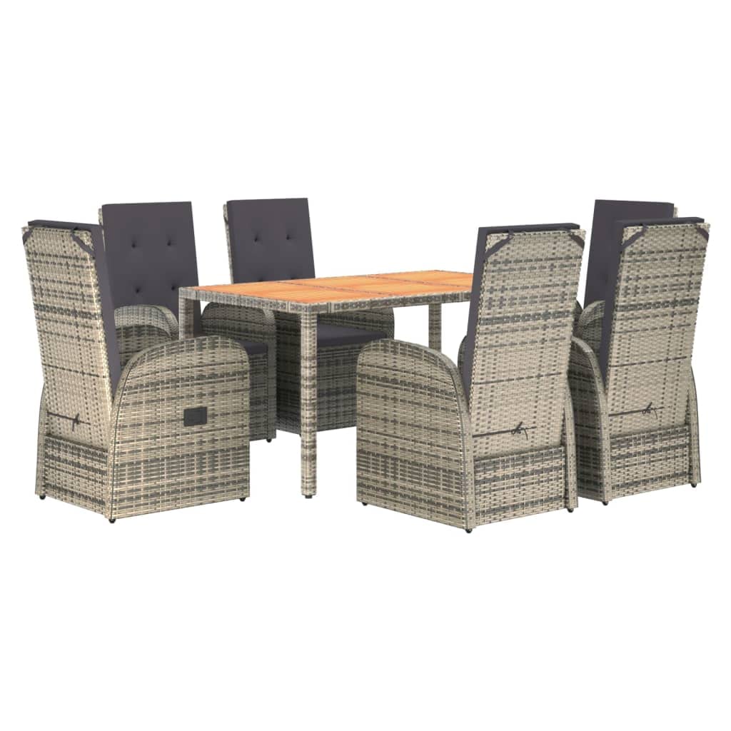 Furniture Select-Juego de comedor de jardín de 7 piezas, ratán de poliéster gris y acacia de madera maciza