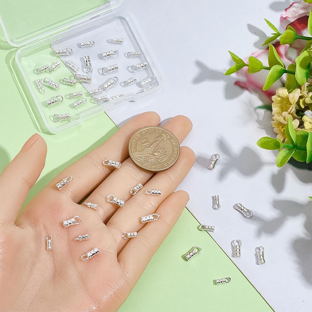SUNNYCLUE 1 Box 50Pcs Silver Cord End Caps Crimp End Caps with Loop Kumihimo Bracelets Leather Glue in Barrel Tube Tip Rope Thread Column Clasps Findings for Jewelry Making DIY Bracelet Necklace