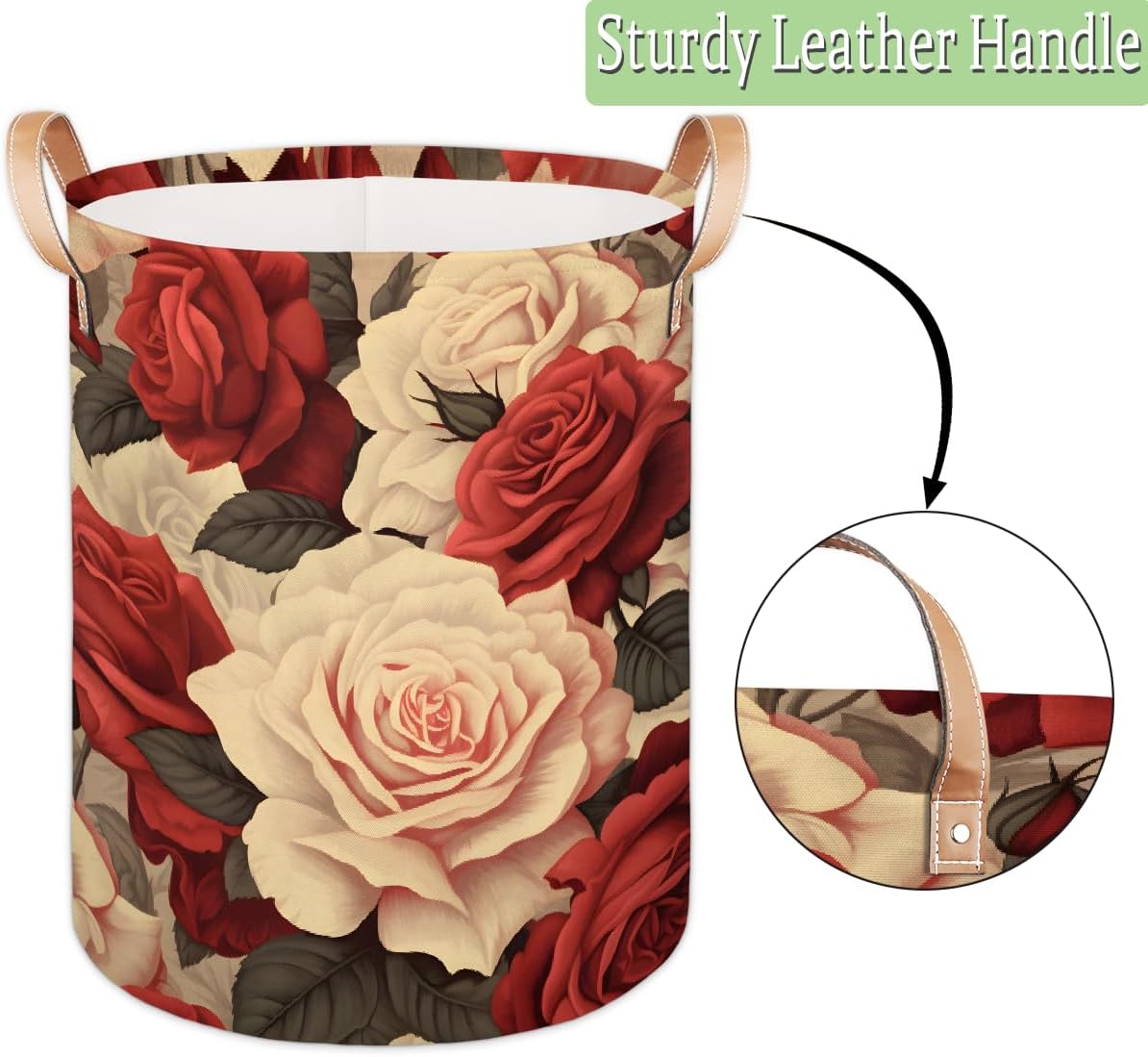 Red Pink Rose Laundry Basket Foldable Laundry Baskets With Leather Handles for Bedroom Bathroom Toys Decorative Basket