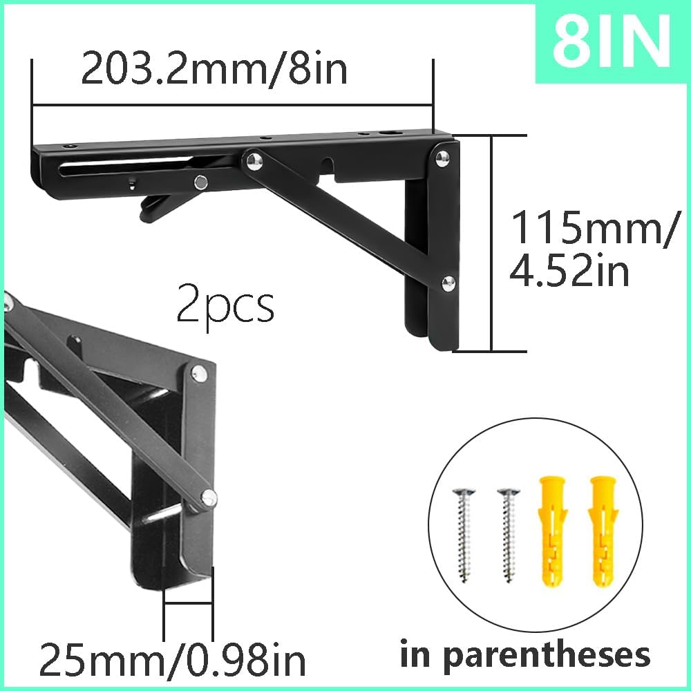 2Pcs Folding Shelf Brackets 200mm Metal Support Bracket Wall Mounted Folding Table Hinge for Kitchen Bedroom Work Bench (ZD/Black/8in)
