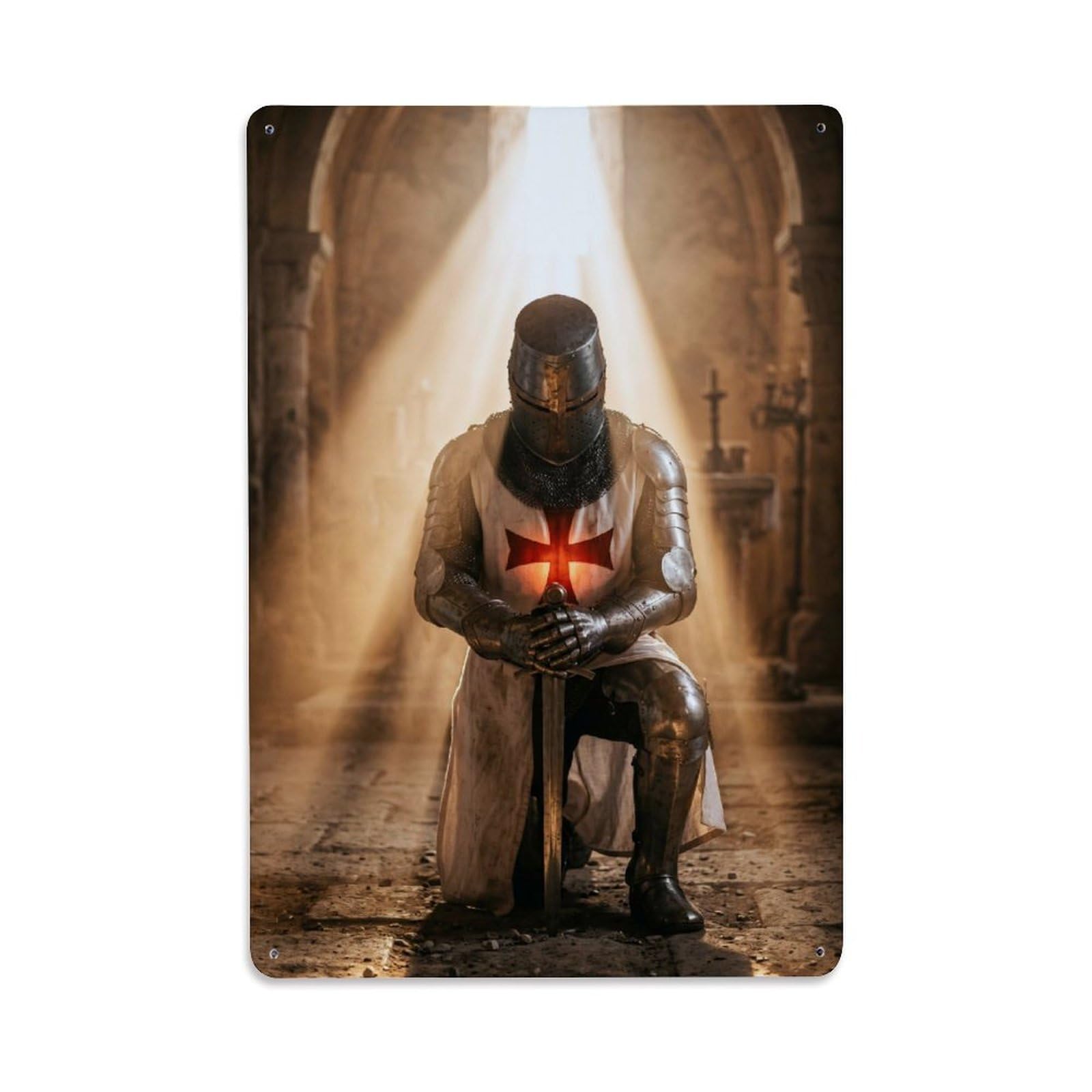 Olhnbad Style Kneeling Vigil Crusader Knight Medieval Armour Radiant Metal Tin Sign