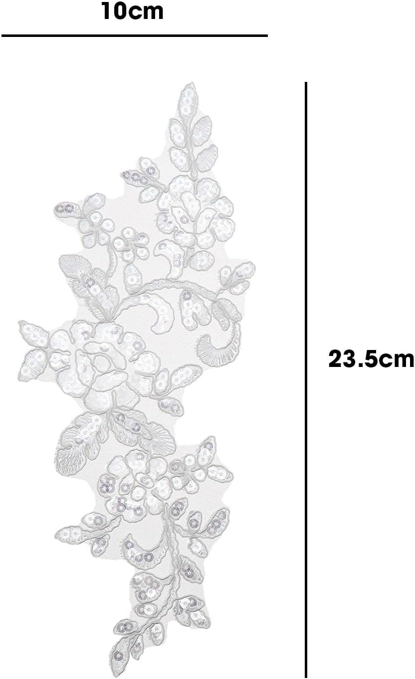 2 Pairs Embroidery Sequin Lace Appliques Mirror Pair Sew On Flower Fabric Collar Patch for Motif Wedding Gown Dress Bridal Dress DIY Crafts White, 23.5x10cm