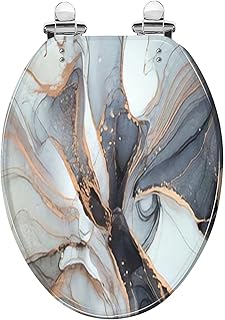 Elongated Toilet Seat High Luxury abstract fluid art painting alcohol ink black gray Resin Toilet Seat with Quietly Close Quick Release Hinges Decorative Toilet Seat with Cover Easy to Install