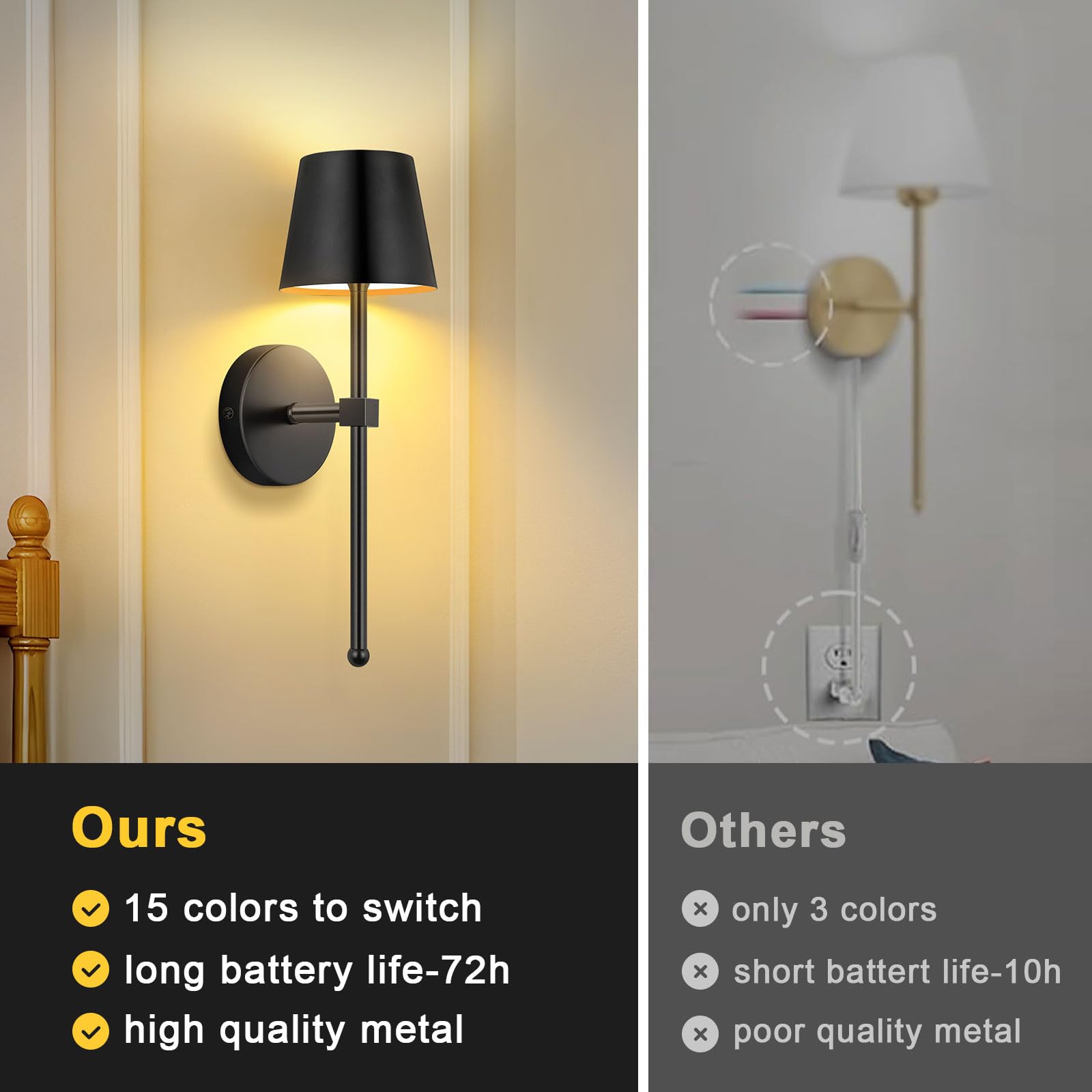 2 Stück Akku Wandleuchte Innen 5200mAh, LED Wandlampe Ohne Stromanschluss mit Fernbedienung RGB für Wohnzimmer Schlafzimmer Flur, Schwarz