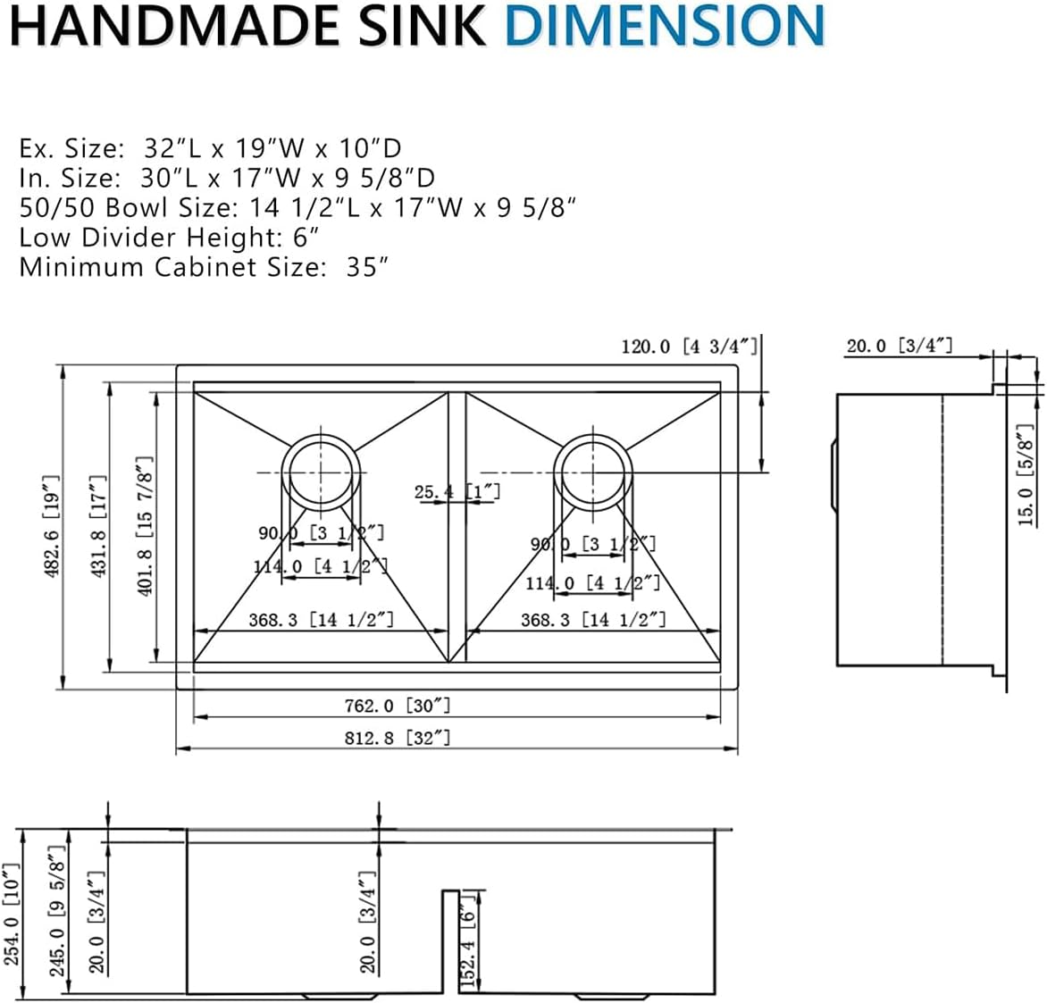 32" Undermount Double Bowl Kitchen Sink - 16 Gauge T304 Brushed Stainless Steel | 50/50 Low Divide Workstation Sink with Sapele Cutting Board, 32x19x10 Deep Basin for Kitchen Remodel