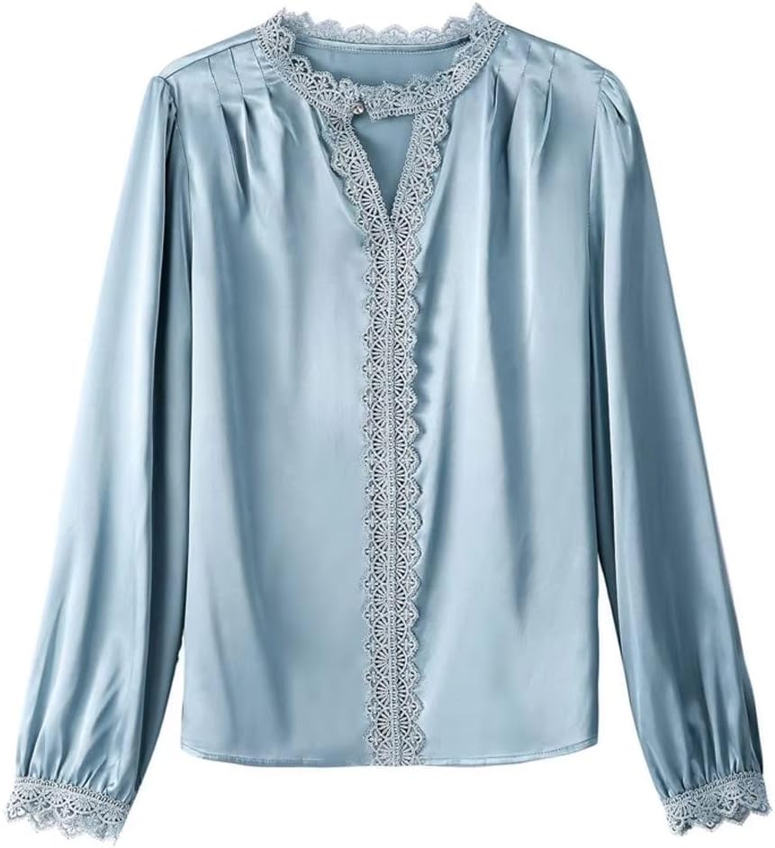 Women's Lace Stitching Silk Shirt Simple V-Neck Blouse Vintage Ladies Elegant Top