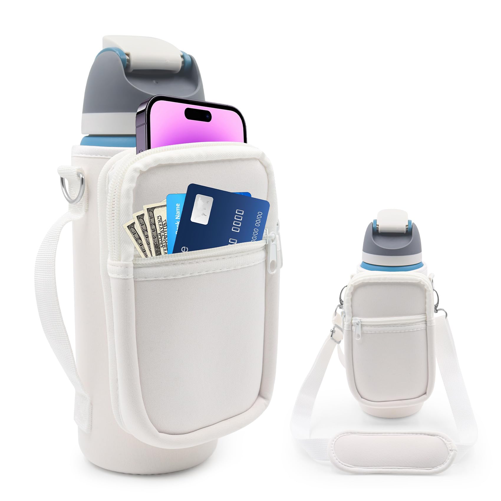 Xxerciz Water Bottle Carrier Sling For Owala FreeSip 24oz/32oz - Adjustable Strap With Phone Pocket & Carabiner For Hiking, Walking, Camping