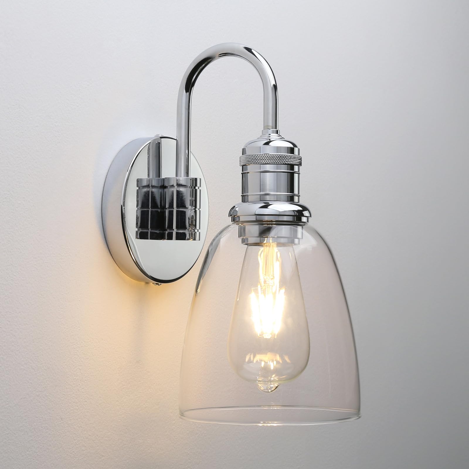 Yosoan Chrome Lighting Modern Vintage Industrial Bell Sconce Wall Light Fitting With 5.6” Clear Glass Lampshade, For Office Home Kitchen Living Room Bedroom Loft Bar (Chrome)