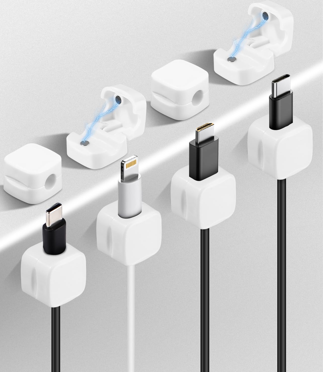 FAOKZE 8 Soportes magnéticos para Cables, Clips para Cables, Organizador de Cables autoadhesivos, Organizador de Escritorio, para Escritorio, mesita de Noche, Cables de Carga (Blanco)