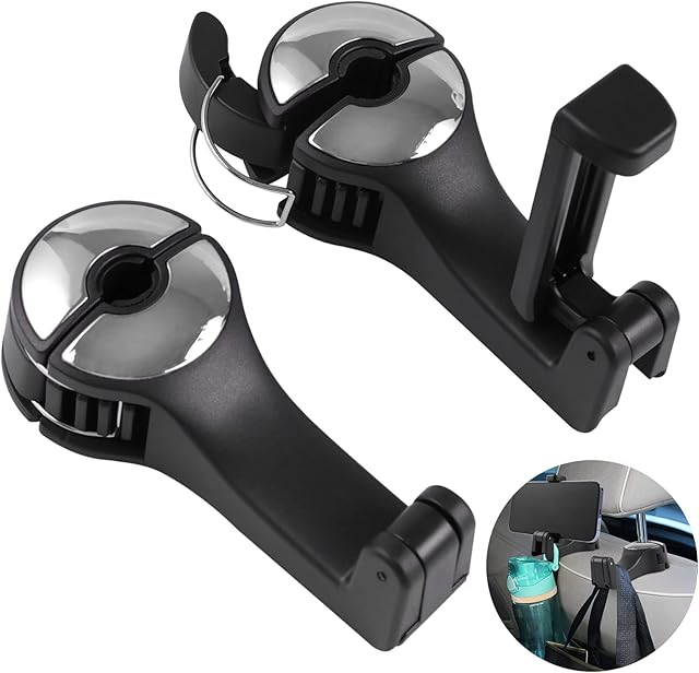 Famini Auto Hooks, 2 Pack Car Headrest Hooks with Phone Holder, 2 in 1 Car Seat Hidden Hooks for Bag Clothes Grocery (Silver)