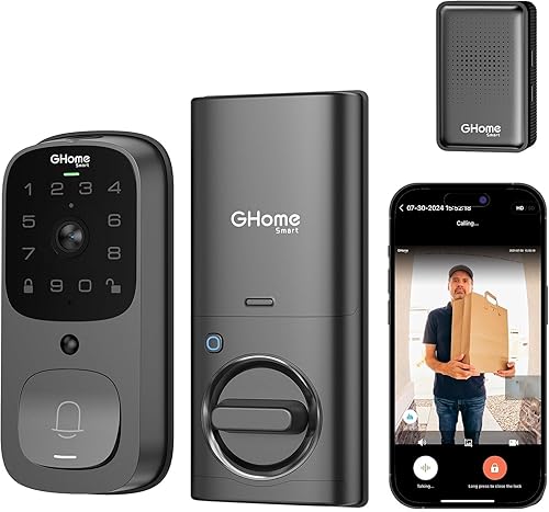 GHome Smart Cerradura de puerta 3 en 1 con huella digital, WiFi, cerrojo inteligente de entrada sin llave, cámara HD 2K, 2.4GHz, control remoto de
