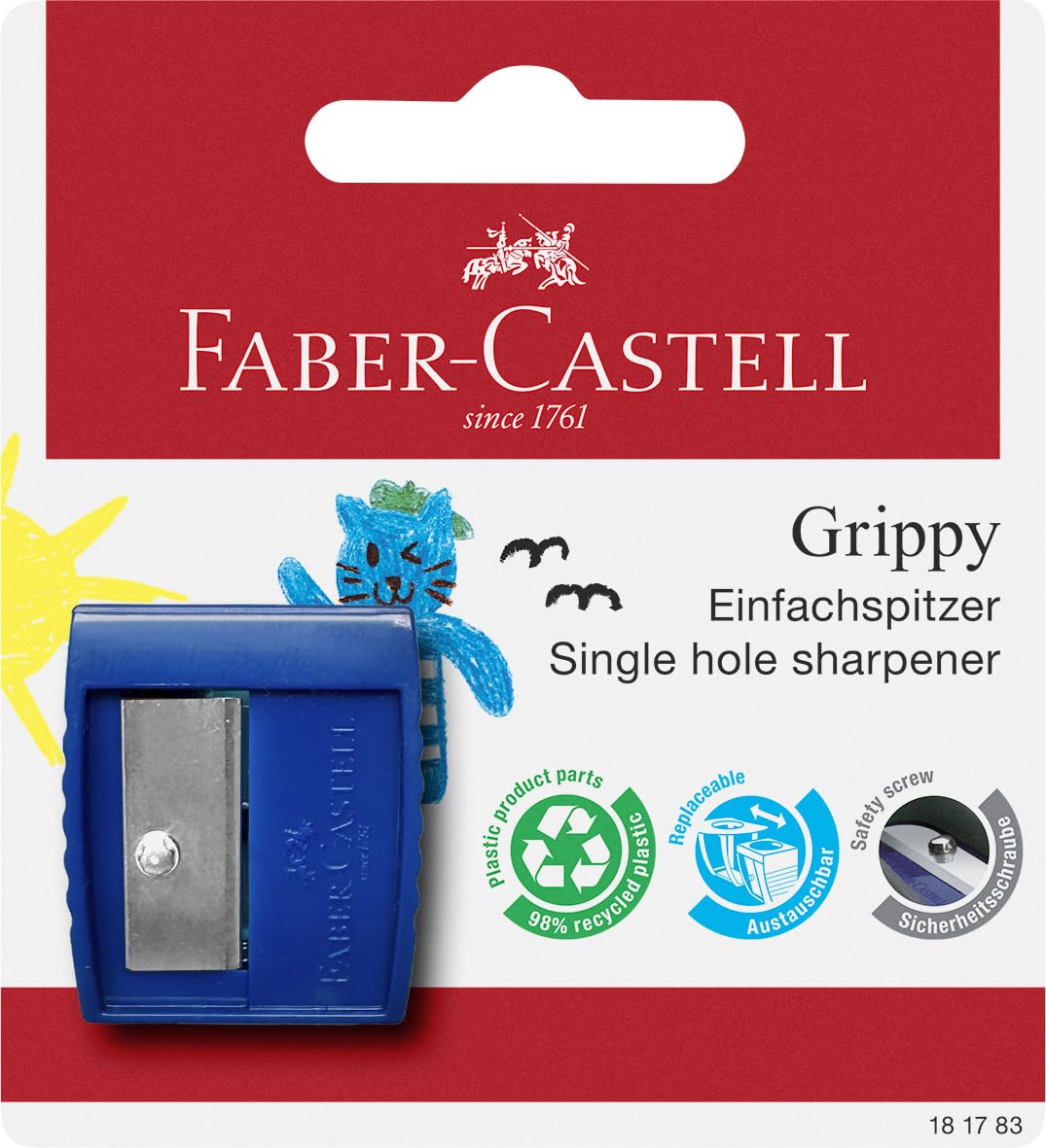 Faber-Castell Grippy 181783 Pencil Sharpener with Cutting Protection, Blue, Children's Sharpener