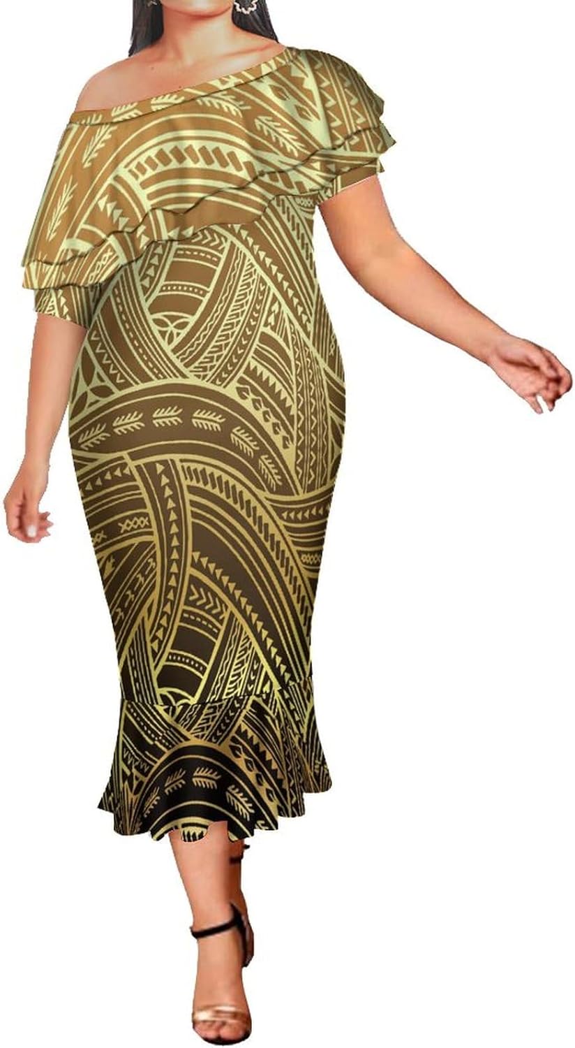 Dongfangyoupin Summer Women's Short-Sleeved Dress with Diagonal Collar Polynesian Tribal Ethnic Dress Tight Fishtail Dress