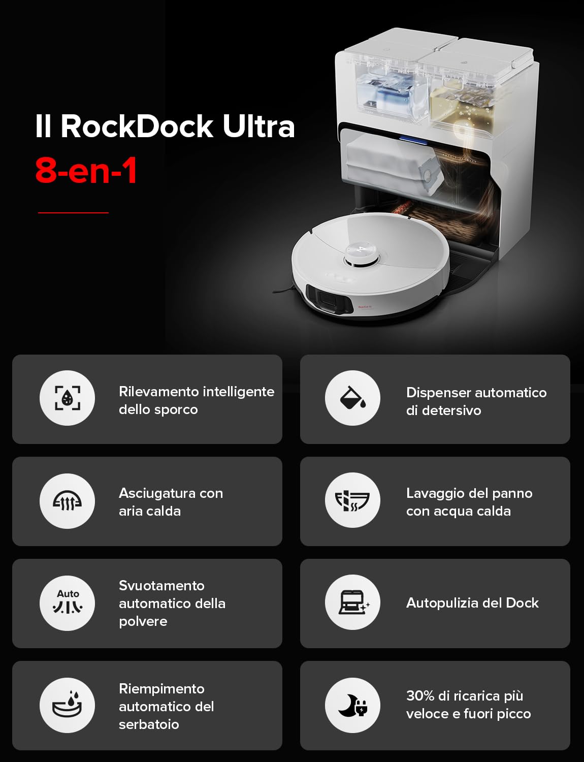 roborock S8 MaxV Ultra Robot Aspirapolvere e Lavapavimenti, RockDock Ultra 8-in-1 Stazione Autopulente, Distributore Auto di Detersivo, 10000Pa, Reactive AI 2.0, Lavaggio Mocio ad Acqua Calda