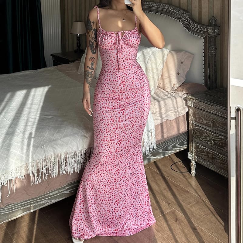 Image of Women Floral Printed Spaghetti Strap Maxi Dress Long Dress Backless Tie Shoulder Mermaid Dress