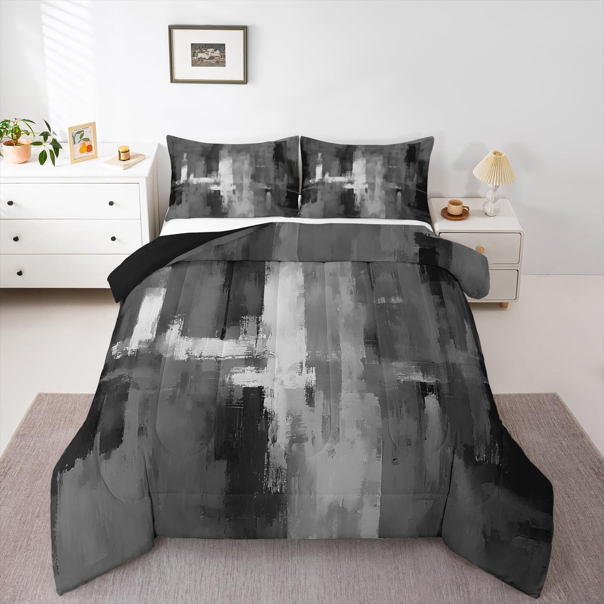 Feelyou Black Grey Kids Comforter Set Queen Size Abstract Rust Art Bedding Set Geometric Modern Chic Duvet Quilt for Kids Boys Girls Bedroom Farmhouse Decor Microfiber Ultra Soft Breathable