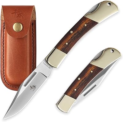 SENBON folding lock back knife 3.3in 440a sharp outdoor knife sand iron wood copper handle with Leather Sheath