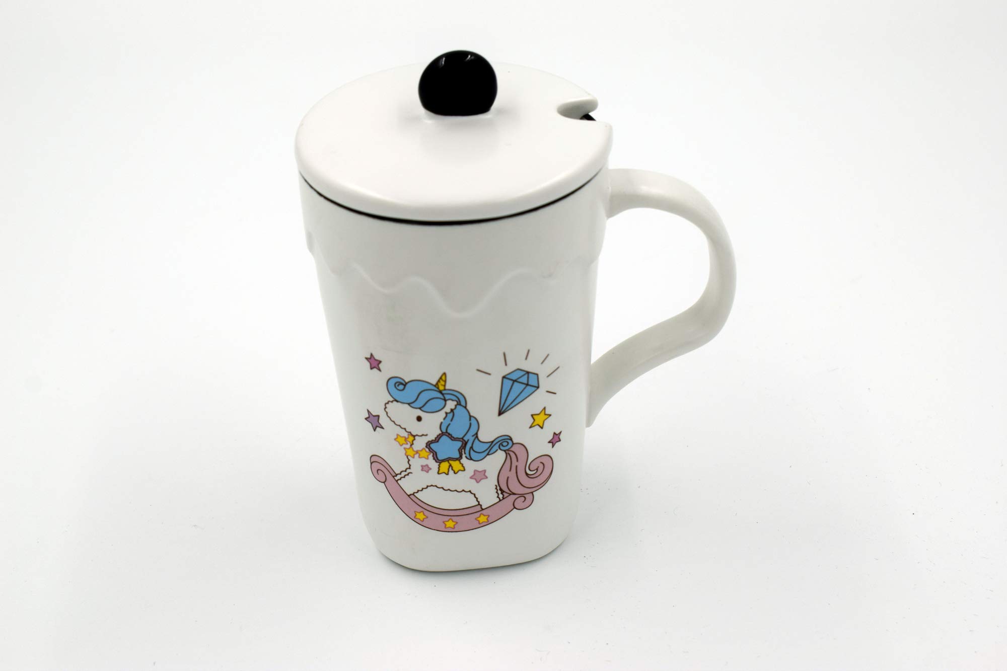 KOMTO Ceramic Unicorn Printed Coffee/Tea Mug with Lid and Spoon Travel Cup 1 Piece - White, 280ml