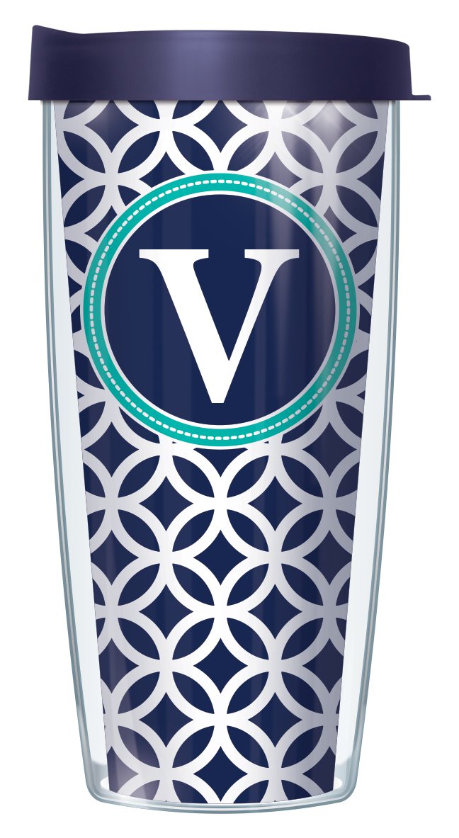 Signature Tumblers"V" Monogram Insignia Wrap on Navy and White Roundabout 16 Ounce Double-Walled Travel Tumbler Mug with Navy Blue Easy Sip Lid