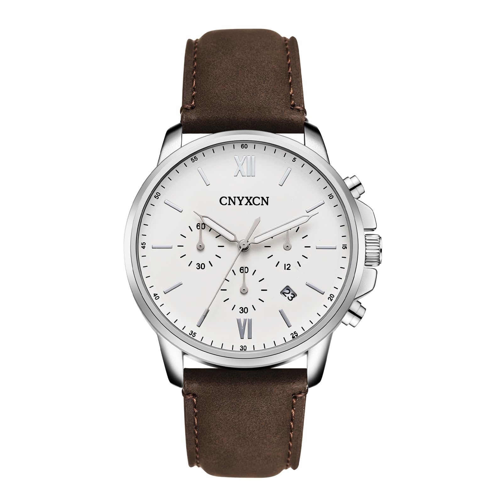 CNYXCN Watches for Men Classic 6 Hand Chronograph Quartz Watch with Leather Strap,Auto Date,Waterproof?White-Brown?