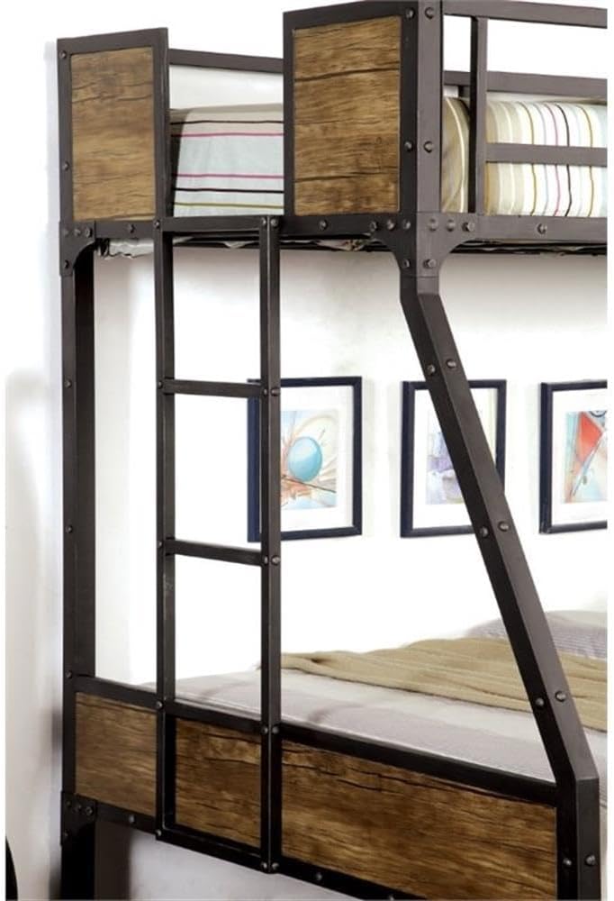 BOWERY HILL Twin Over Full Bunk Bed, Steel Metal and Wood, Black Finish, 78.38" W x 54.88" D x 66.5" H, Rustic Modern Style with Ladder, Wood Panel Accents, Space-Saving Durable Design for Kids or