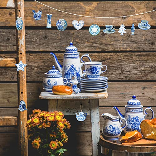 Haooryx 46Pcs Christmas Chinoiserie Ornaments Blue And White Porcelain Wooden Hanging Ornament Mini Ginger Jar Teapot Bird Decorative Pendants With Rope For Winter Xmas Party Christmas Tree Home Decor #TOP4