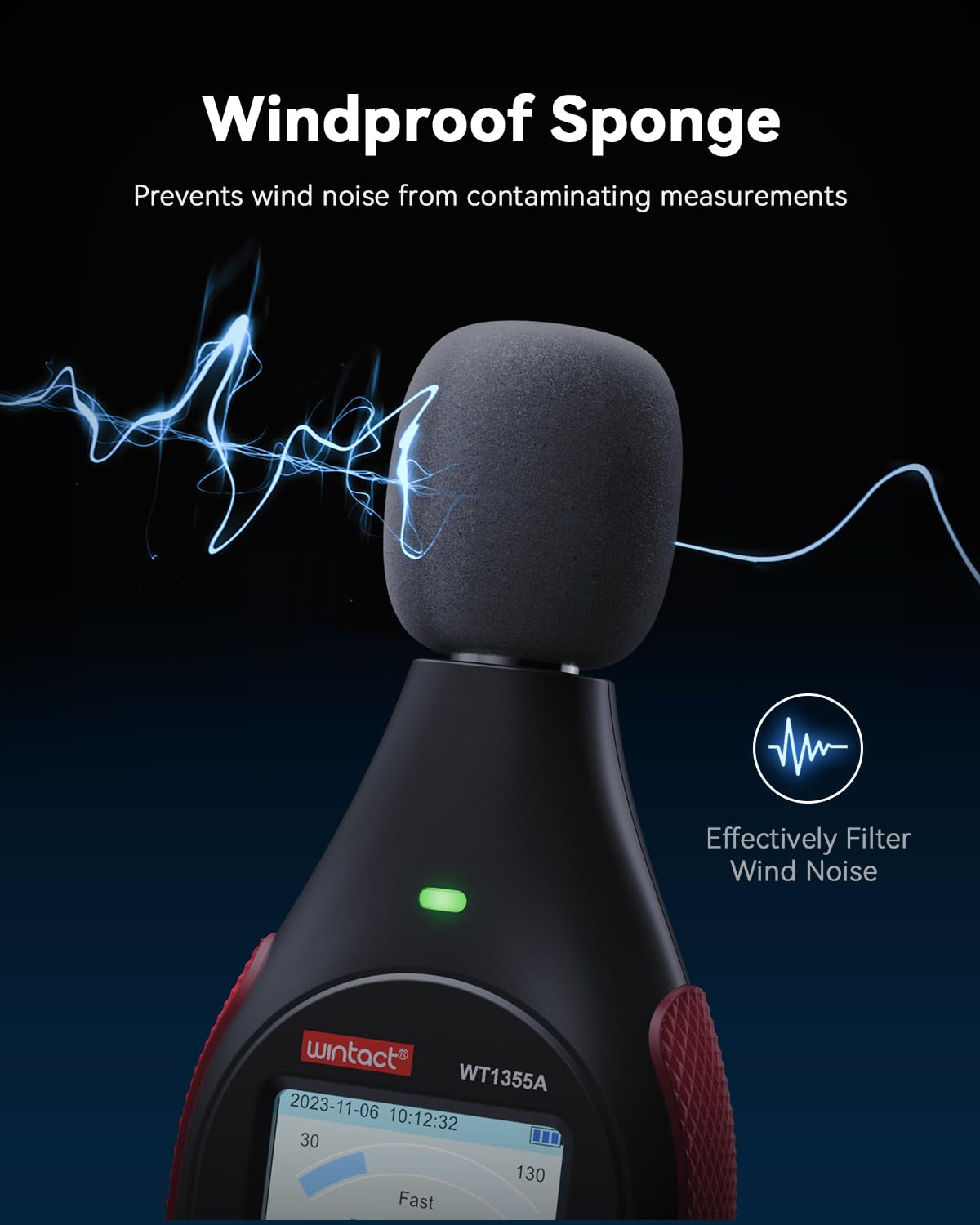 Wintact WT1355 Medidor de Decibelios, Monitor Lector de Niveles de Decibelios de Sonido y Ruido, Medidor SPL 30dB a 130dB(A) con Registro, Alarma Visual, A/C Ponderado (WT1355A)
