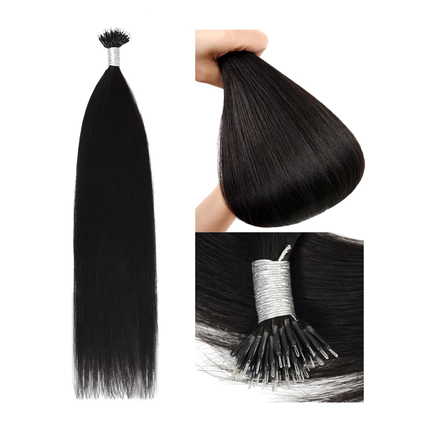 Nano Ring Estensioni dei Capelli Nano Loop Tip 50g Capelli Umani Extension (45cm #1B nero naturale)