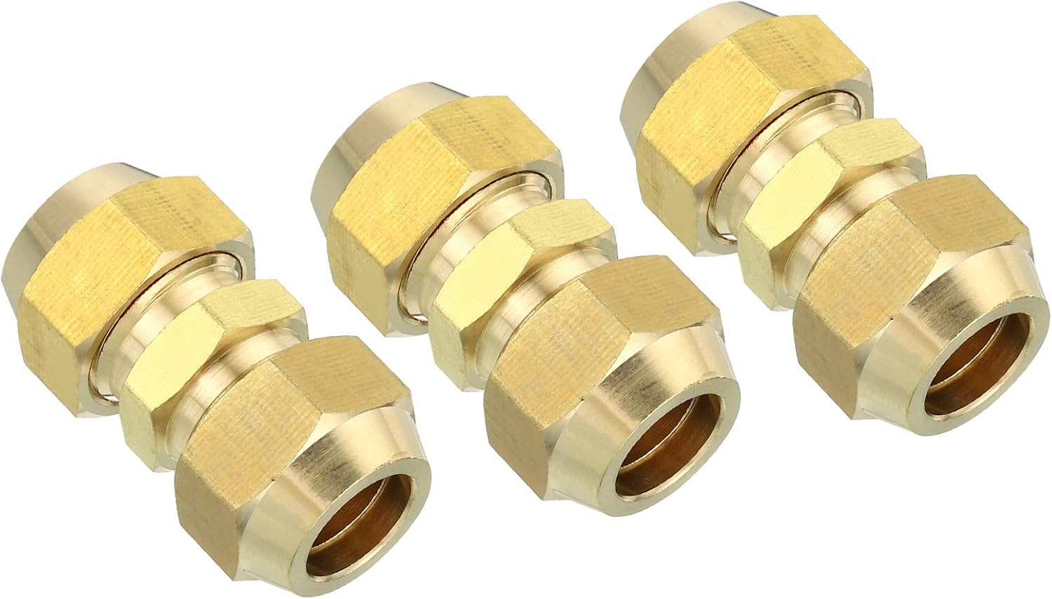 PATIKIL 1/2" OD Brass Flare Union Connector, 3 Set Air Conditioning Copper Double Pipe Extension Joint Connectors Pipe Hose Fitting with Nut, 1.46 x 0.75inch