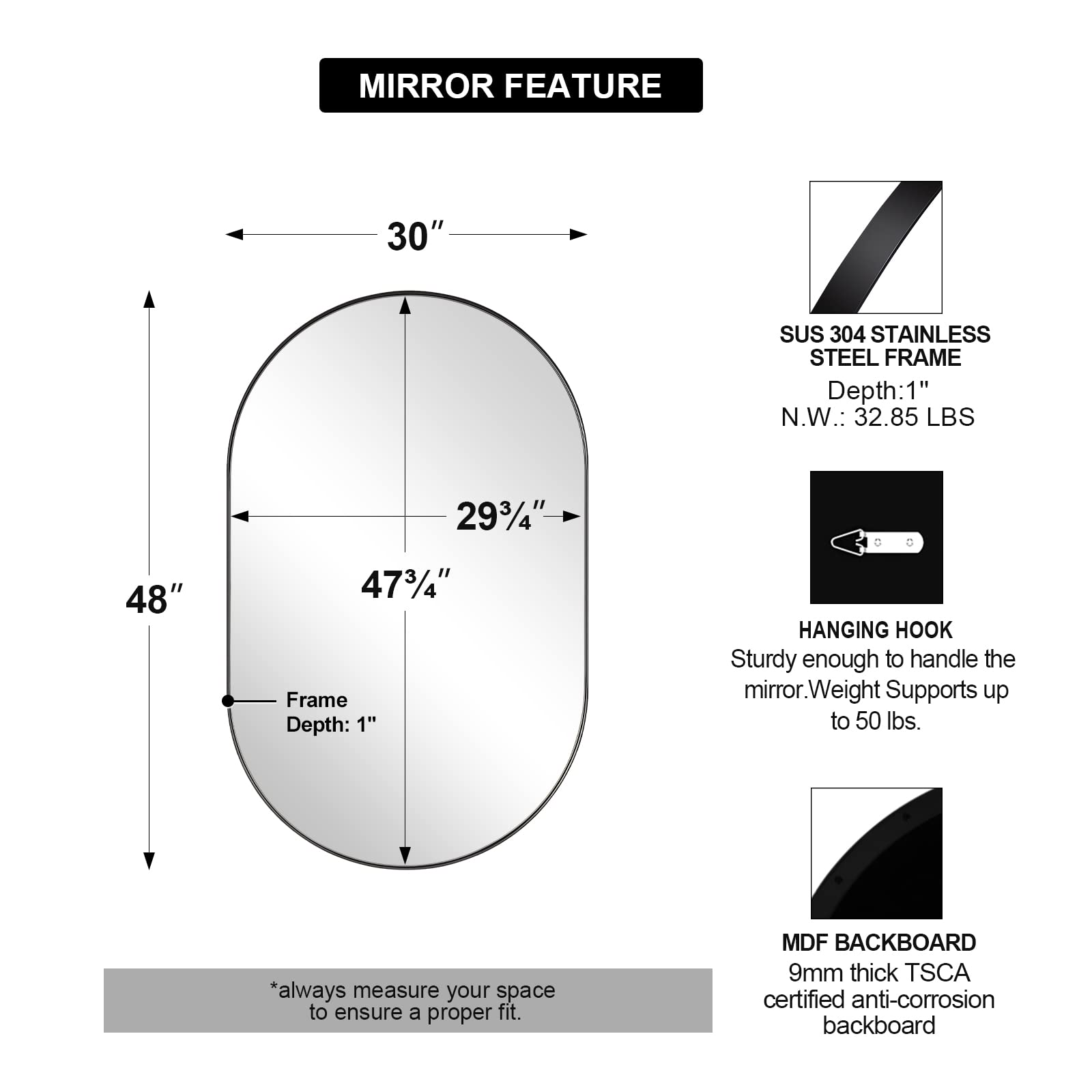 ANDY STAR Oval Mirror for Bathroom, 30x48?ÇÖ?ÇÖ Black Oval Mirrors for