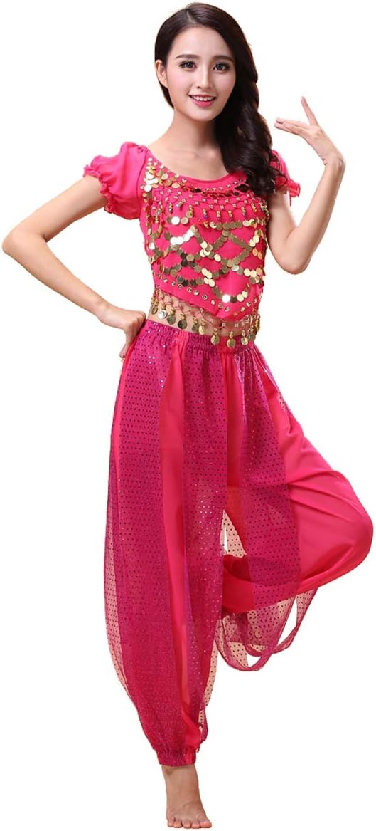 Bollywood Indian Princess Theme Belly Dance 2-Piece Costume Set Outfit for Women Girls with top and Pants (150-169cm, 30-60kg)
