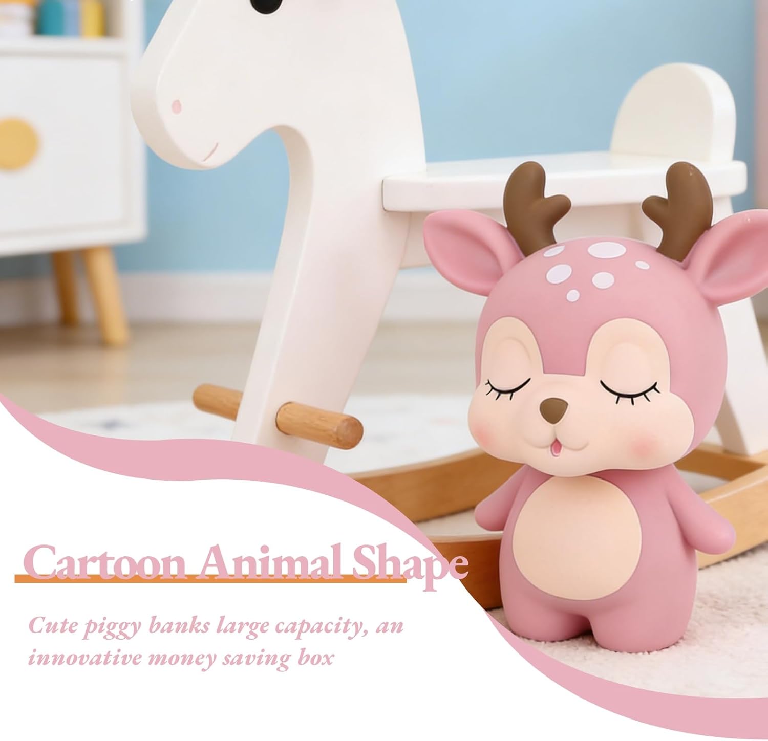 Cute Deer Money Bank, Unbreakable Piggy Bank Pink Deer Figurine Cartoon Animal Shape Plastic Money Box for Boys Girls Children Home Decoration Desktop Ornaments
