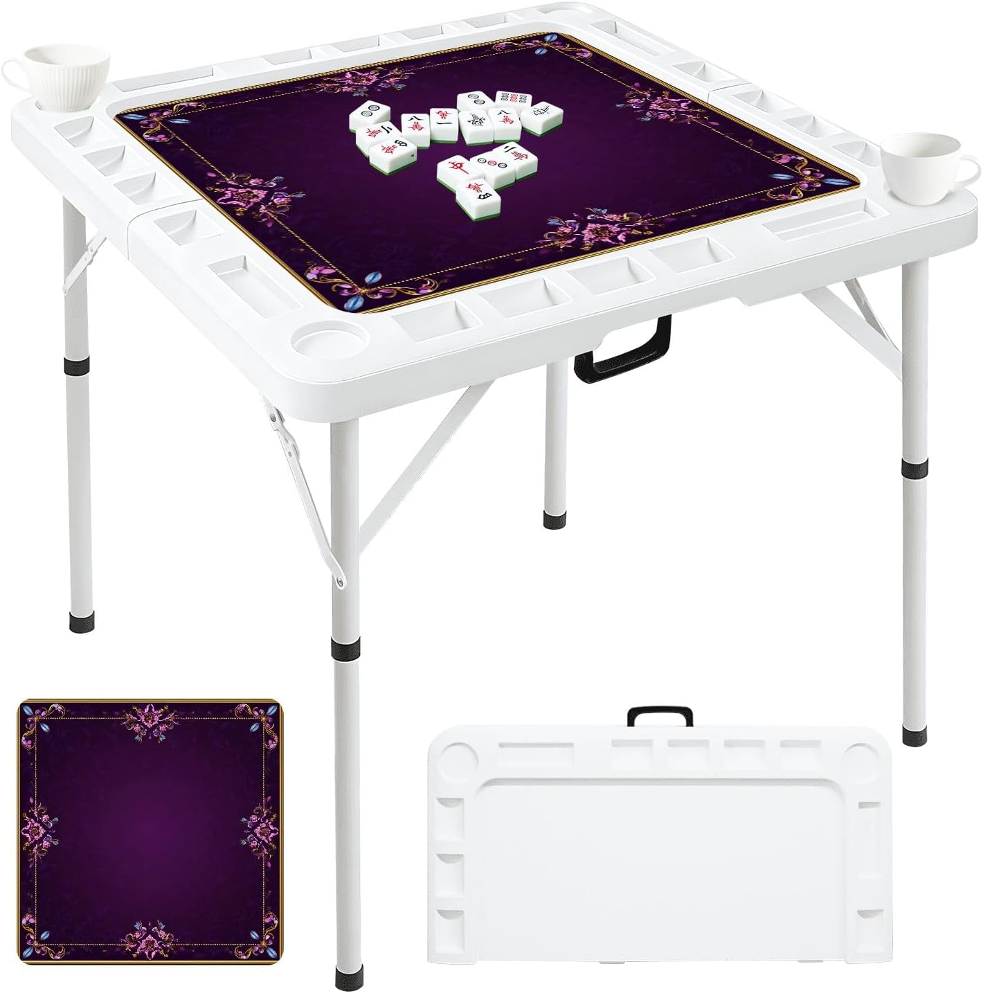 Folding Mahjong Table with Gold Sunburst Circular Frame Deep Blue Decorative Dots Wear-Resistant Mahjong Mat, 4 Cup Holders & Chip Trays for 4 Players Square Portable Card Table for Poker Domino