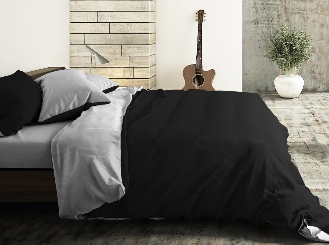 Riad Arredo Set Copripiumino Morbido 100% Puro Cotone Italiano Tinta Unita - Parure Double Face Sacco Piumino con Federe Made in Italy (Nero - Grigio, Matrimoniale 250x240 + 2 federe 52x82)