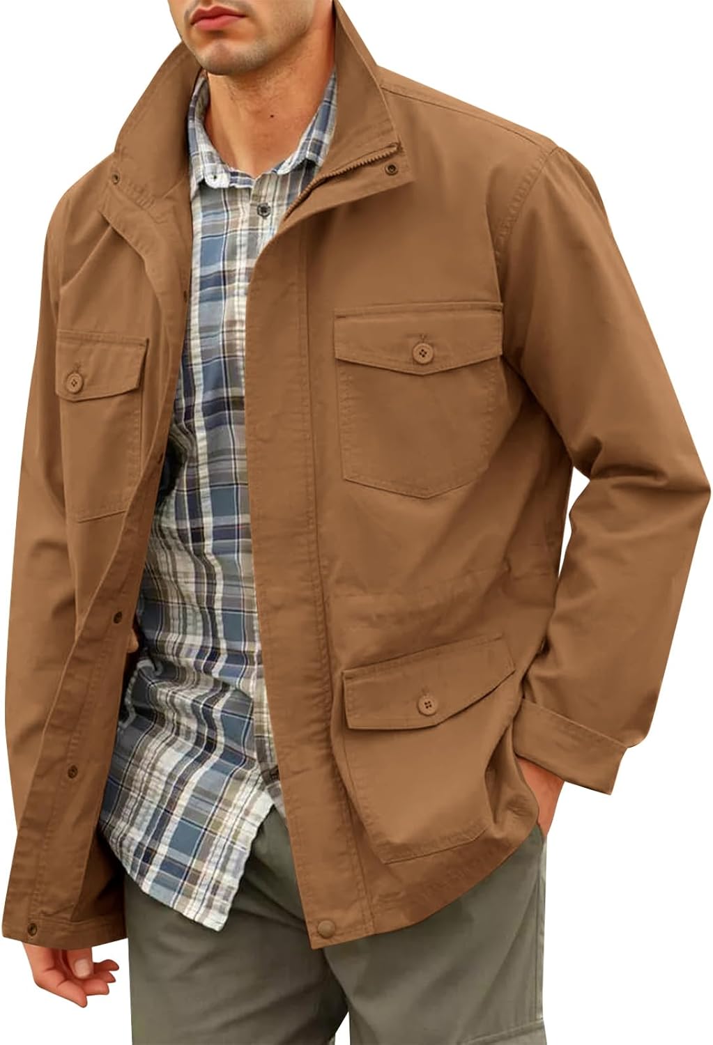 Runcati Mens Military Jacket Full Zip and Button Safari Field Jacket Multi Pocket Cargo Outdoor Coat