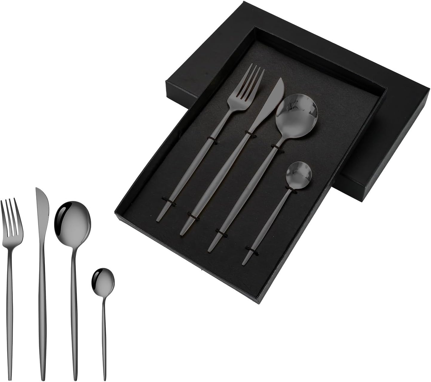 Silverware Flatware Set, 4/16/24/32/40/48 Pieces Stainless Steel Portuguese Tableware Gift Box Hotel Home Meal Steak Knife Fork Spoon(Black Gold,16 Pieces for 4)