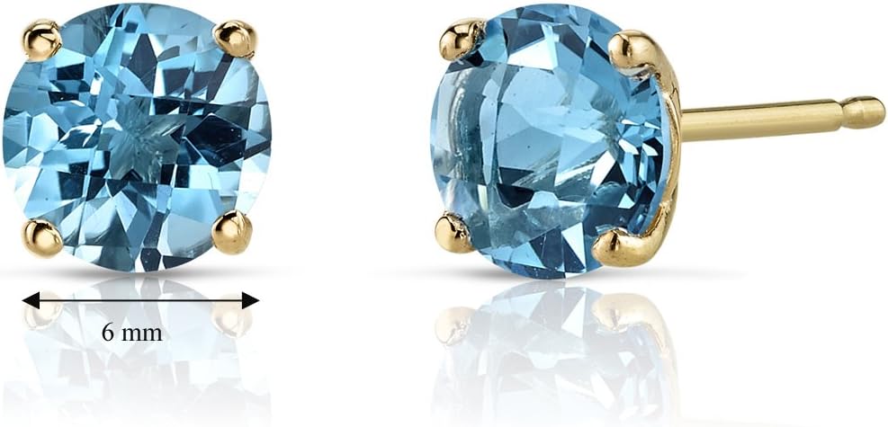 Peora 14K Yellow Gold Swiss Blue Topaz Stud Earrings for Women, Genuine Gemstone, Round Shape, 6mm, 2 Carats total, Friction Back, Blue Earrings, December Birthstone Earrings