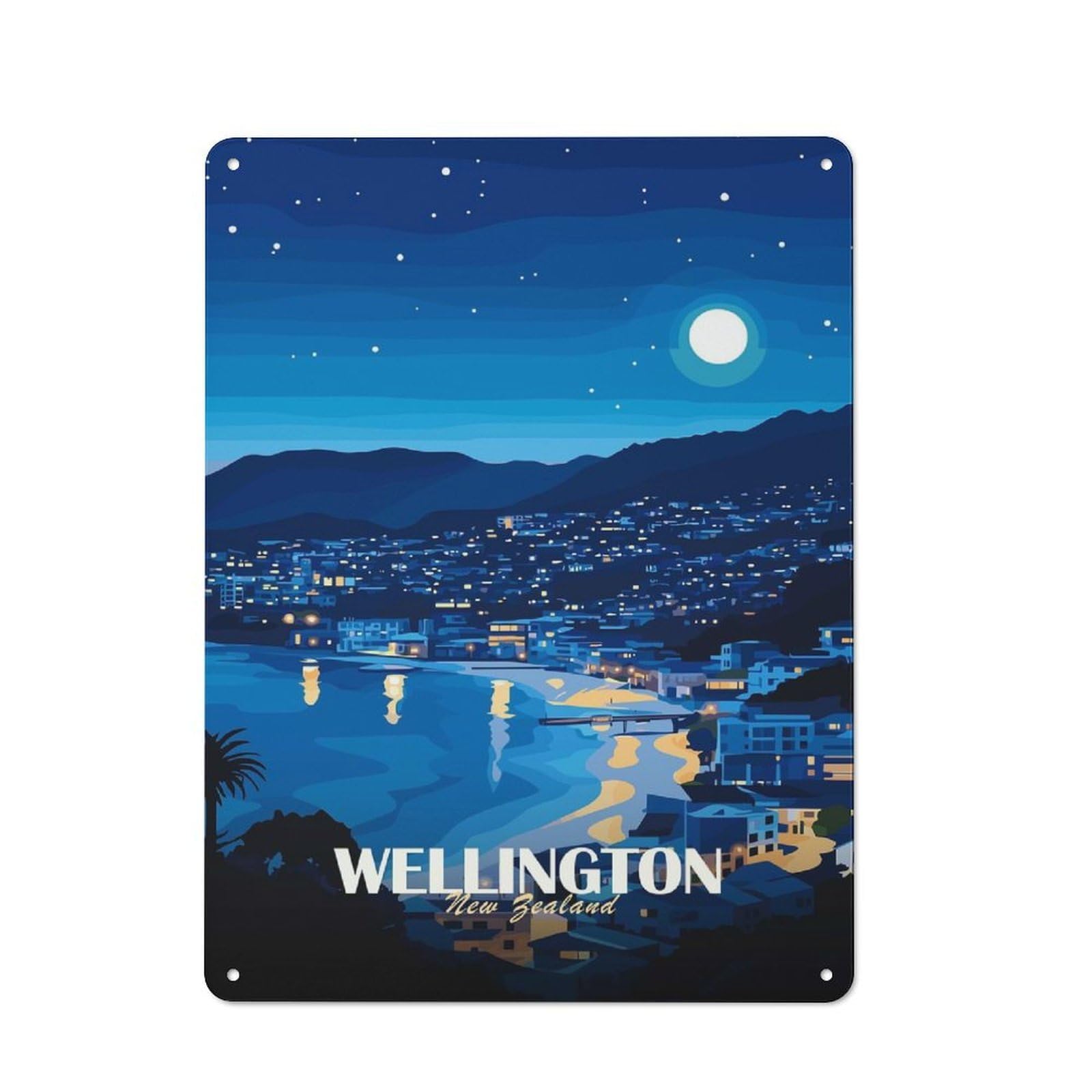 Junmoney Wellington New Zealand Night Cityscape Vintage Tin Wall Plaque 40X30cm For Café Or Restaurant, A Decorative Christmas Gift For Café Owners And Decorators
