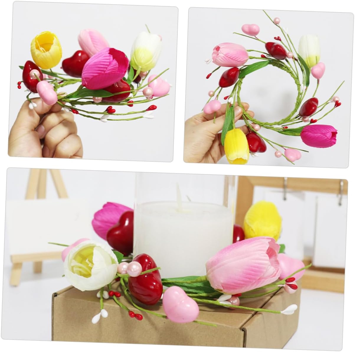 PRETYZOOM Valentine Day Floral Candle Wreath Elegant Table Centerpiece for Mother Day Beautiful Artificial Flower Decoration for Candles