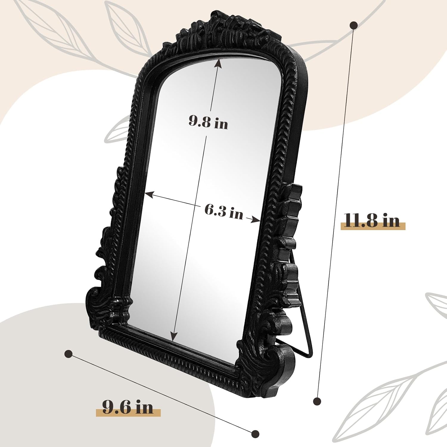 Vintage Vanity Makeup Mirror, Black Arched Tabletop Mirror for Makeup and Room Decor, Antique Decorative Standing Mirror with Carved Frame, Desk Mirror for Bedroom, Living Room, Dresser 11.8"x9.6"