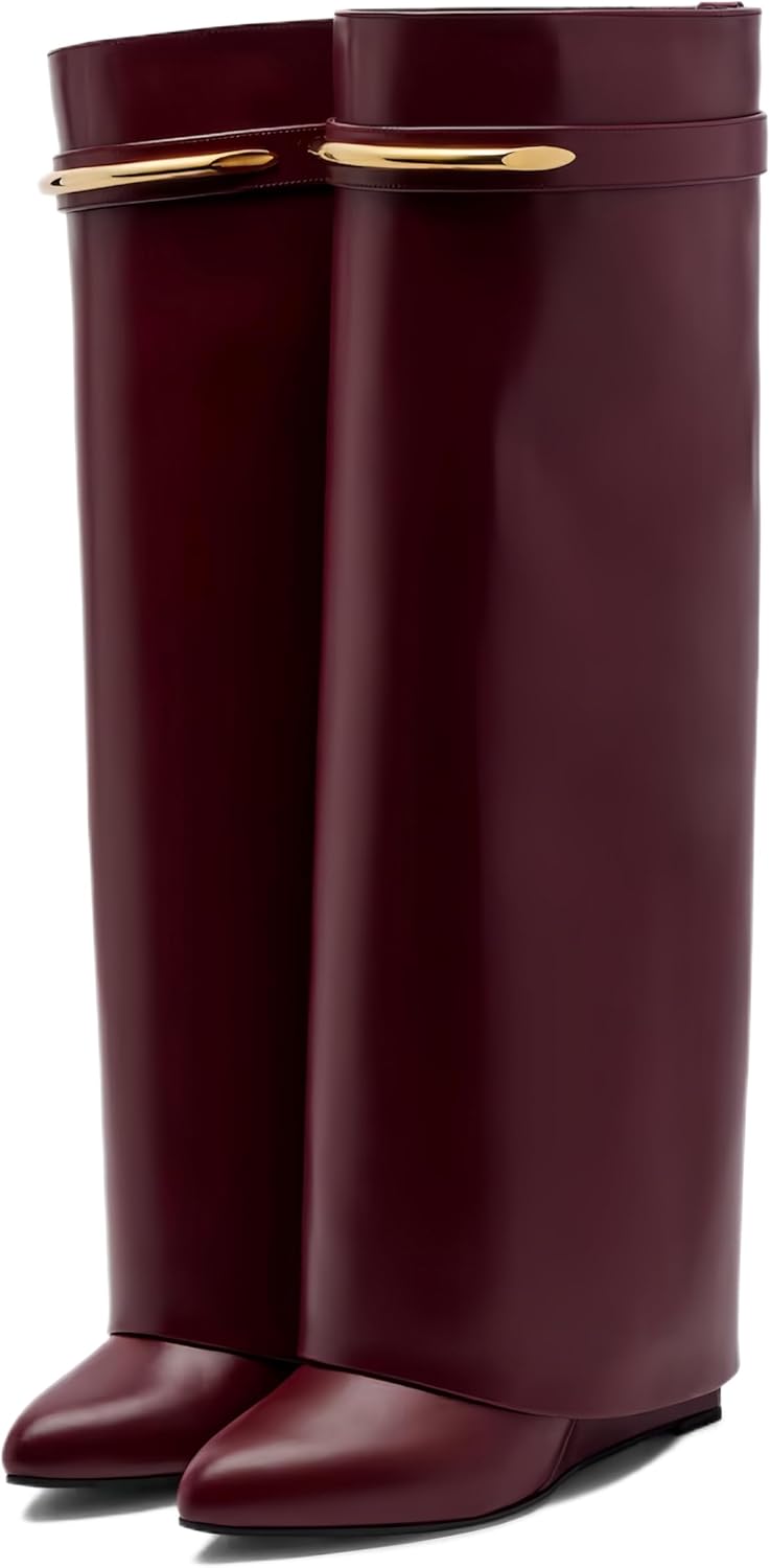 Women’s Shark Boots Knee High, Wedge Boots for Women with Fold-Over Long Shaft, Pull-on Wide Calf Fashion Leather Tall Boots