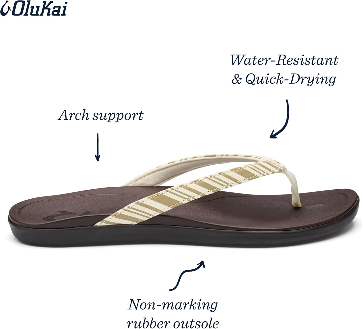 OLUKAI Ho'opio Women's Beach Sandals, Quick-Dry Flip-Flop Slides, Clean & Minimal Aesthetic, Water Resistant & Enhanced Traction, All-Day Comfort, Clay/Stripe, 9