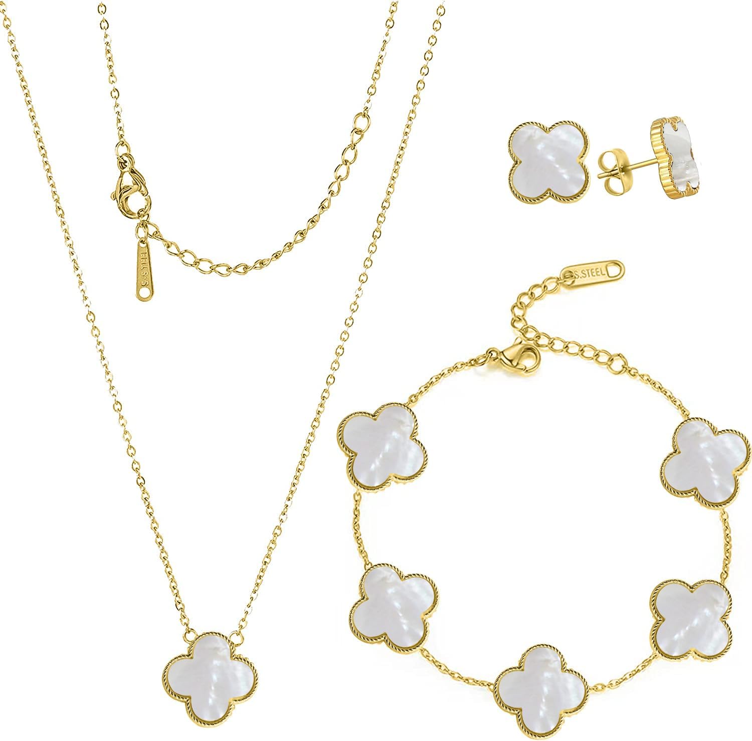 HighSparkClover Necklace Bracelet Earring Jewelry Set for Women | Jewelry Set for Women | Lovely Gift - White