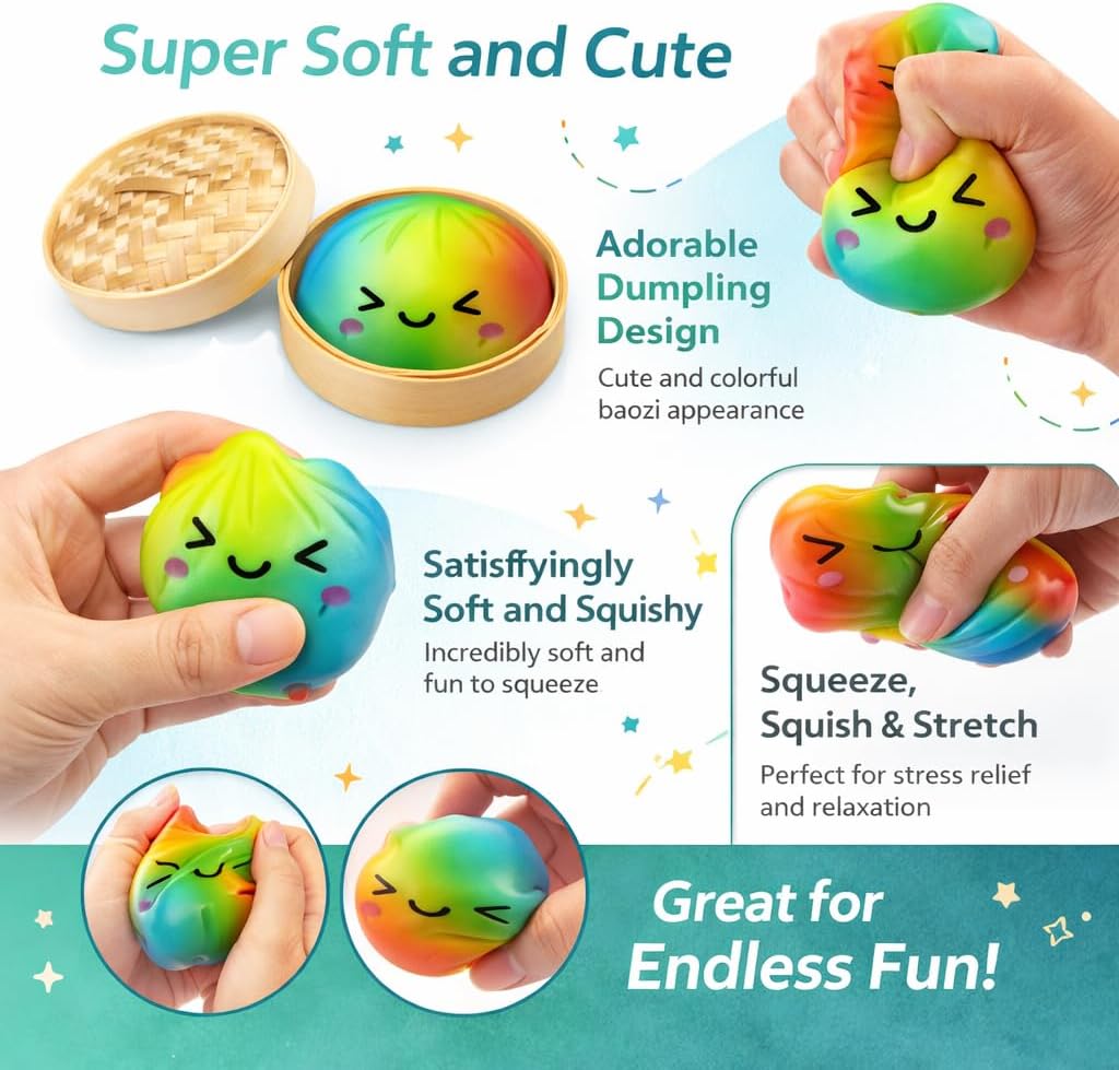 Glitter Dumpling Squishy-Rare Glitter Dumpling Stress Ball, Bun Stress Relief Fidget Low Rising Pink Gold Orange Rainbow Dumplings Toy with Steamer (Random*6)