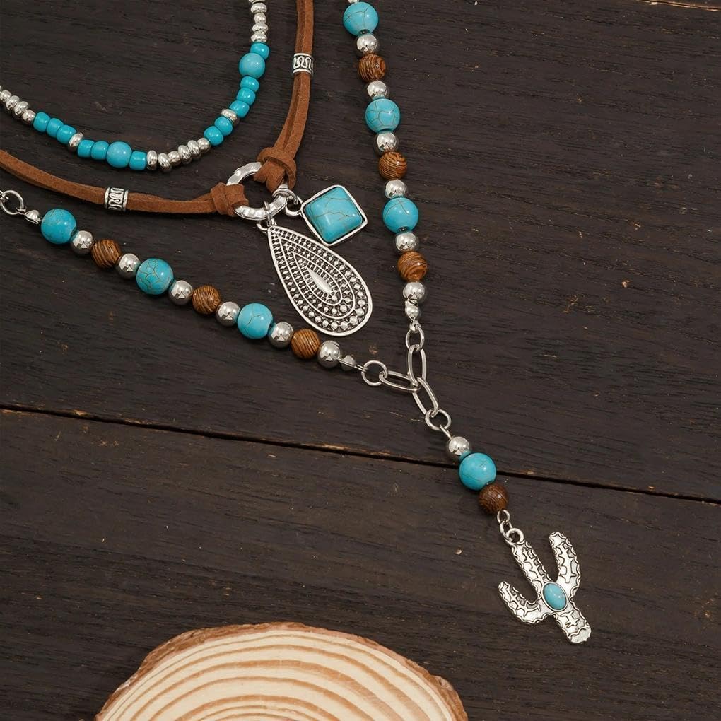 Boho Layered Necklaces for Women Western Turquoise Beaded Leather Necklace Vintage Cactus Pendant Necklaces Country Concert Cowgirl Dresses Accessory - Image 6