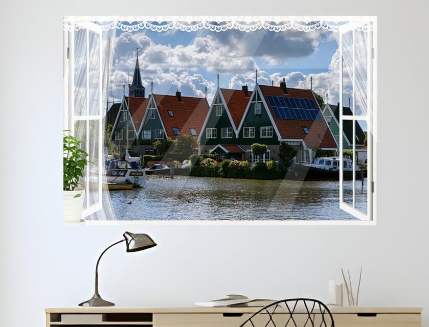 JZZB08365 Netherlands Houses Rivers Marinas West Graftdijk| Self-Adhesive Open Window Wall Sticker